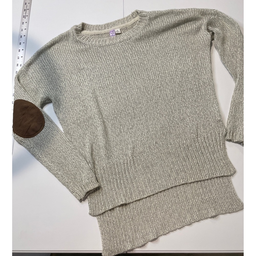 Alya Womens Oatmeal Knit Elbow Patch High Low Crewneck Sweater FSA9088 Medium